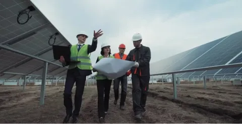 Project managers reviewing plans at solar panel site