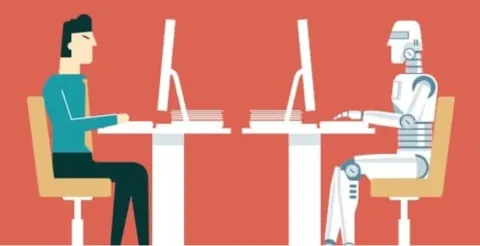 Illustration on coral background showing person in teal sitting at desk next to humanoid robot both working at desktop computers depicting human-AI collaboration