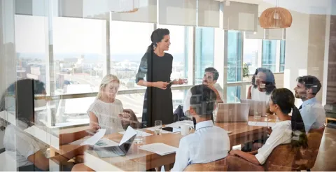 Businesswoman presenting to team in conference room